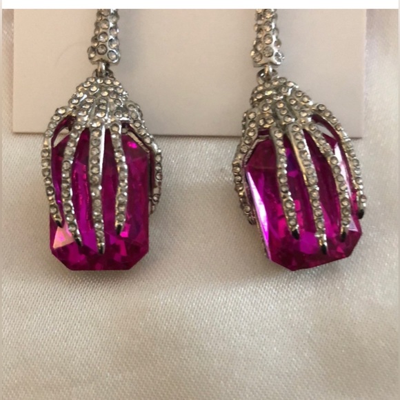 NWT ⚜️💖⚜️ Betsey Johnson Silver Tone Skeleton Hand Drop Earrings Pink - Picture 4 of 13